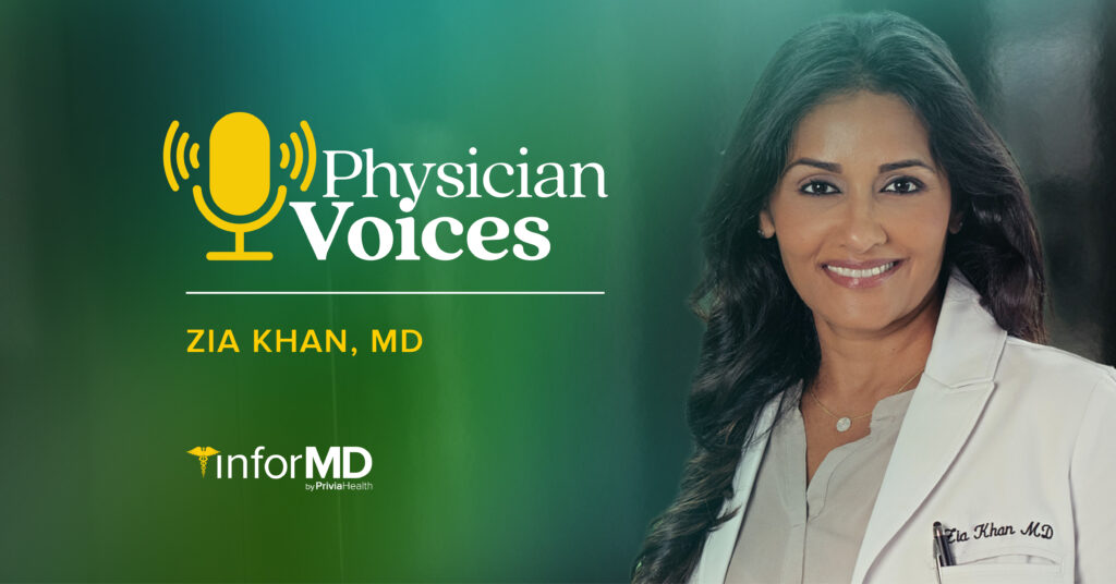 Zia Khan, MD, beside "Physician Voices" graphic.