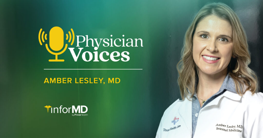 Amber Lesley, MD, in lab coat next to Physician Voices podcast graphic.