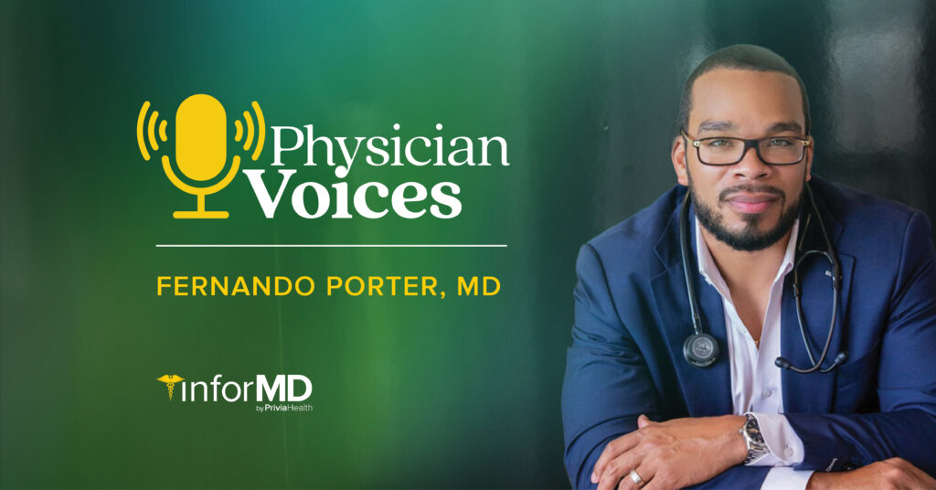 Dr. Porter with stethoscope next to Physician Voices graphic